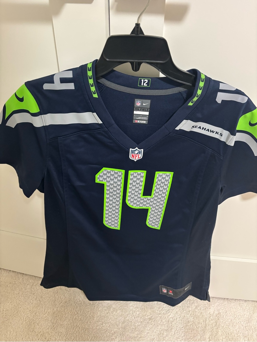 Seattle Seahawks Women’s size L #14 Navy & Neon Green Jersey